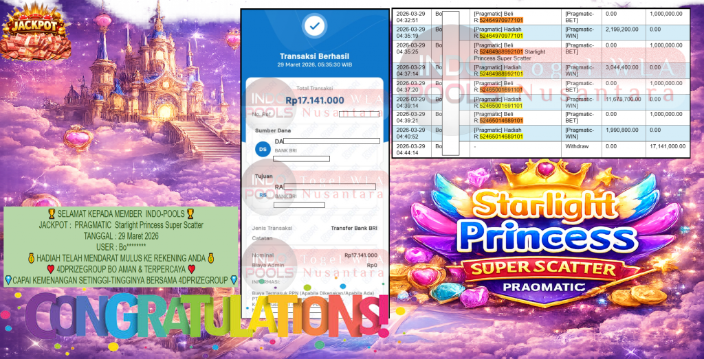 INDO-POOLS JACKPOT PRAGMATIC ” Starlight Princess Super Scatter ” Rp 17,141,000,- LUNAS