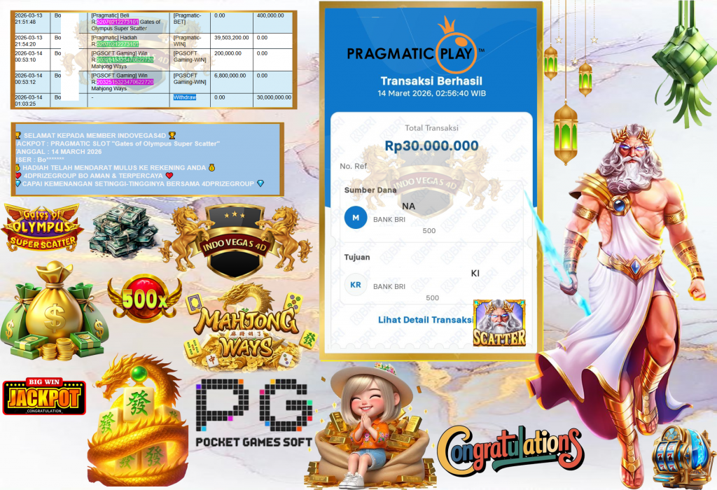 INDOVEGAS4D JACKPOT PRAGMATIC SLOT ”Gates of Olympus Super Scatter” & PGSOFT “Mahjong Ways” Rp30,000.000,- LUNAS