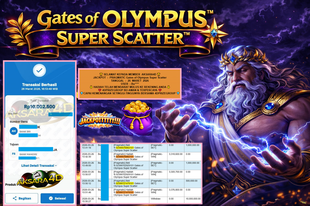 AKSARA4D JACKPOT PRAGMATIC “Gates of Olympus Super Scatter”‎‏‏‎‎ Rp10.000.000,- LUNAS