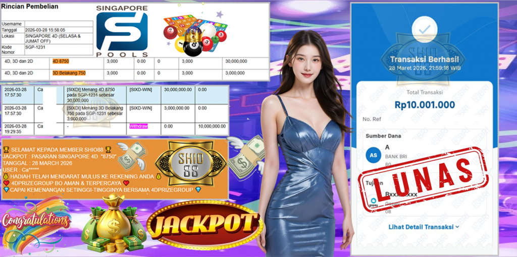 SHIO88 JACKPOT PASARAN SINGAPORE 4D “8750” Rp20.000.000,- LUNAS