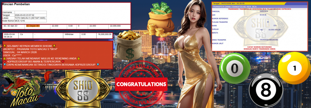 SHIO88 JACKPOT PASARAN TOTO MACAU 5 “0814” Rp16.000.000,- LUNAS