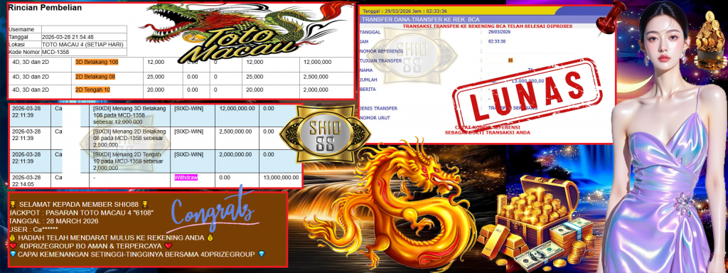 SHIO88 JACKPOT PASARAN TOTO MACAU 4 “6108” Rp13.000.000,- LUNAS
