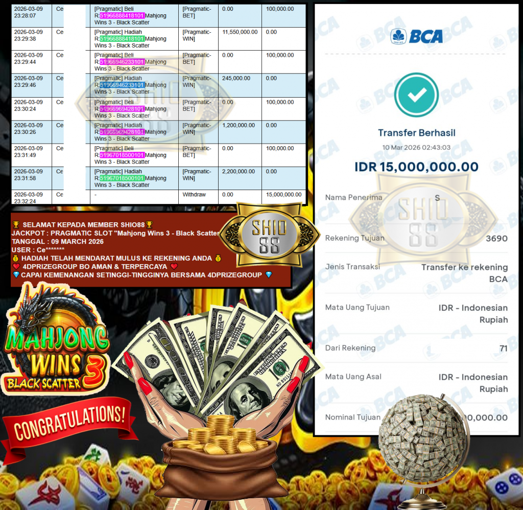 SHIO88 JACKPOT PRAGMATIC SLOT ”Mahjong Wins 3 – Black Scatter” Rp15,000.000,- LUNAS