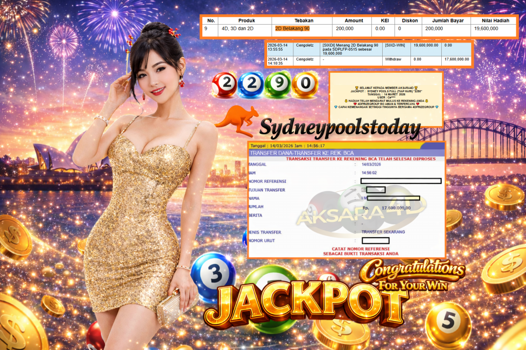 AKSARA4D JACKPOT SYDNEY POOLS FULL (TIAP HARI) “2290”‎‏‏‎ Rp17.600.000,- LUNAS