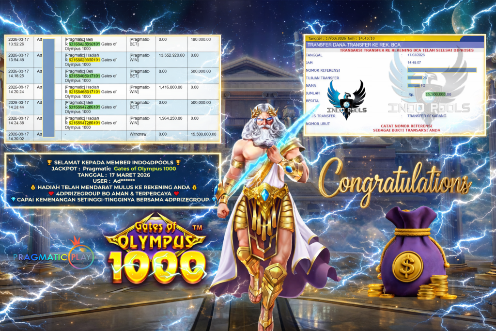INDO4DPOOLS JACKPOT PRAGMATIC ” Gates of Olympus 1000 ” Rp 15.500.000,- LUNAS