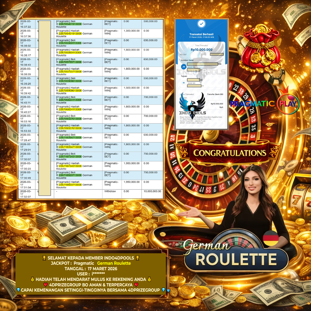 INDO4DPOOLS JACKPOT PRAGMATIC LIVE GAME ” German Roulette ” ‎‏‏‎Rp 10.000.000,- LUNAS
