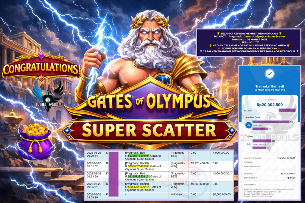 INDO4DPOOLS JACKPOT PRAGMATIC ” Gates of Olympus Super Scatter ” Rp 20.000.000,- LUNAS