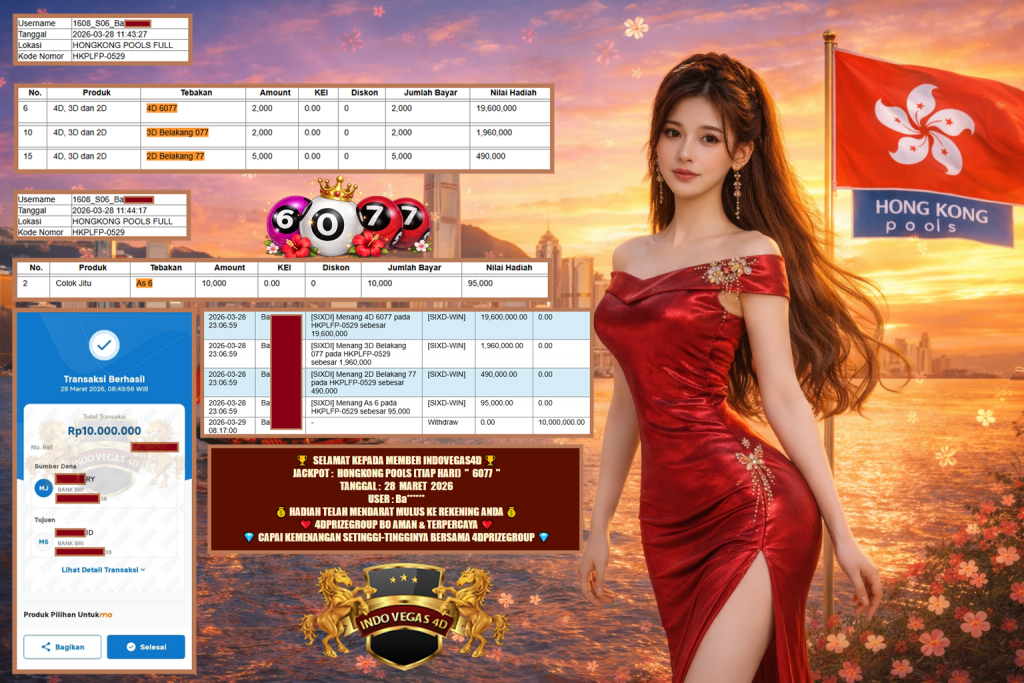 INDOVEGAS4D JACKPOT HONGKONG POOLS (TIAP HARI) ” 6077 ” Rp 10.000.000,- LUNAS