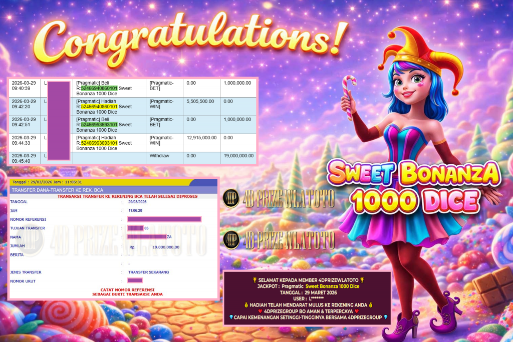 4DPRIZEWLATOTO JACKPOT PRAGMATIC ” Sweet Bonanza 1000 Dice ” Rp 19.000.000,- LUNAS