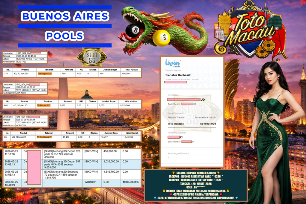 SHIO88 JACKPOT BUENOS AIRES (TIAP HARI) ” 0288 “, TOTO MACAU 1 (SETIAP HARI) ” 6572 ” Rp 10.834.000,- LUNAS