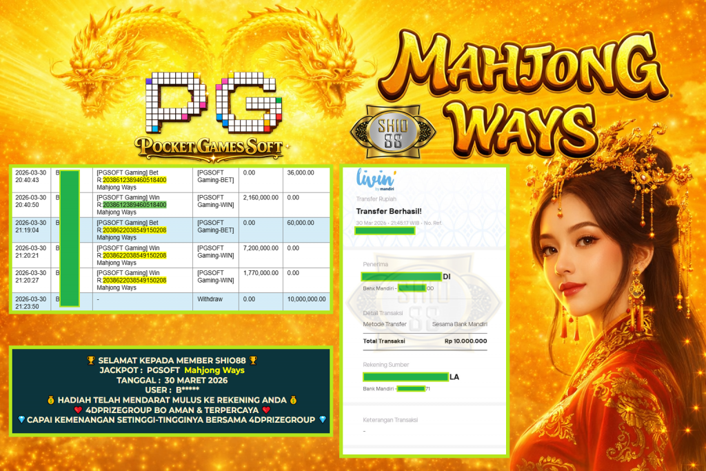 SHIO88 JACKPOT PGSOFT Gaming ” Mahjong Ways “‎‎‏‏ ‎‎‏‏‎‎‏‏Rp 10.000.000 ,- LUNAS