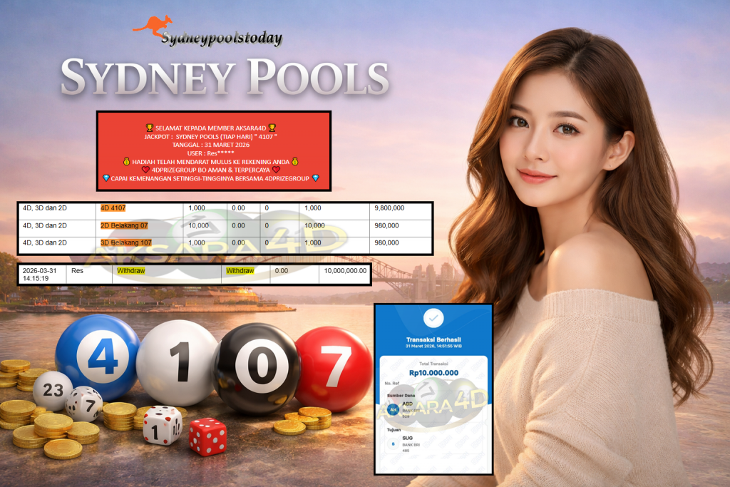 AKSARA4D JACKPOT SYDNEY POOLS (TIAP HARI) “4107”‎‏‏‎‎ Rp10.000.000,- LUNAS
