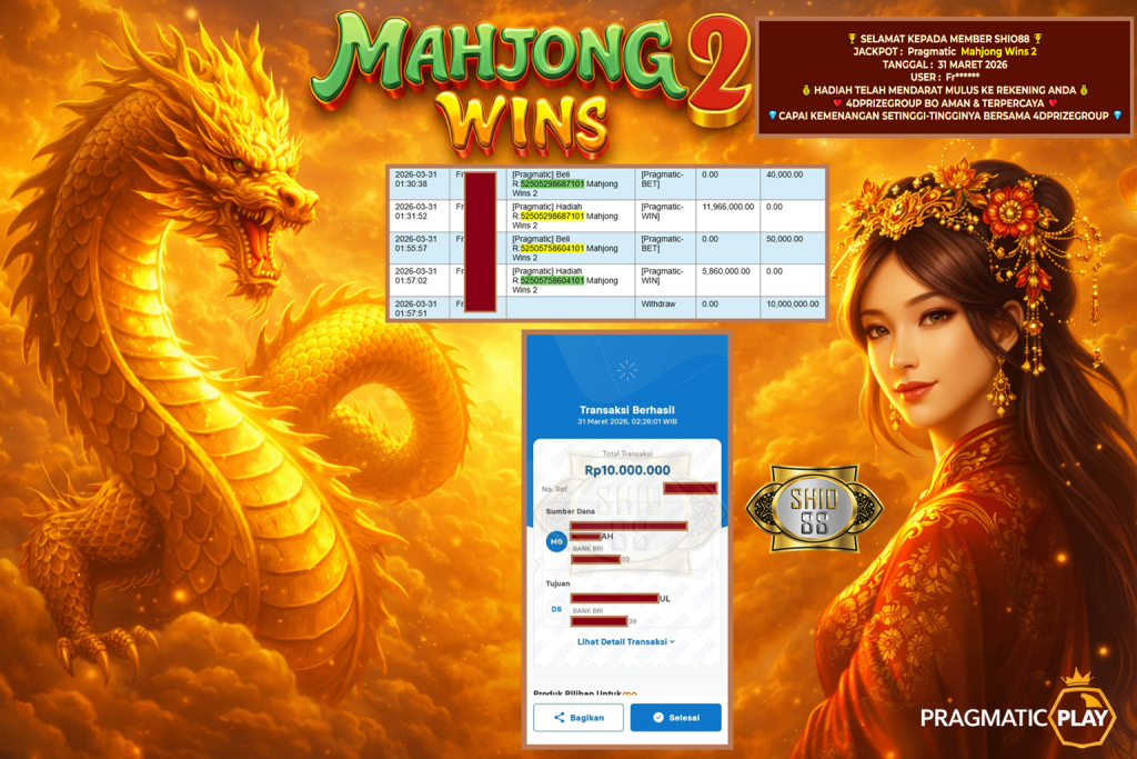 SHIO88 JACKPOT PRAGMATIC ” Mahjong Wins 2 ” Rp 10.000.000,- LUNAS