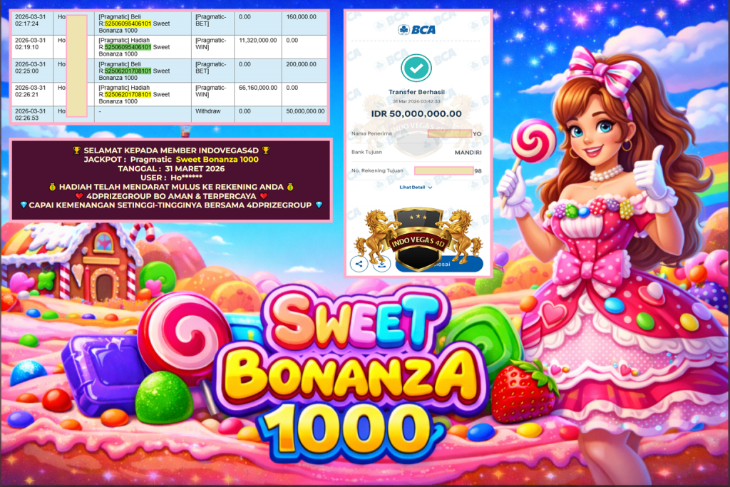 INDOVEGAS4D JACKPOT PRAGMATIC ” Sweet Bonanza 1000 ” Rp 50.000.000,- LUNAS