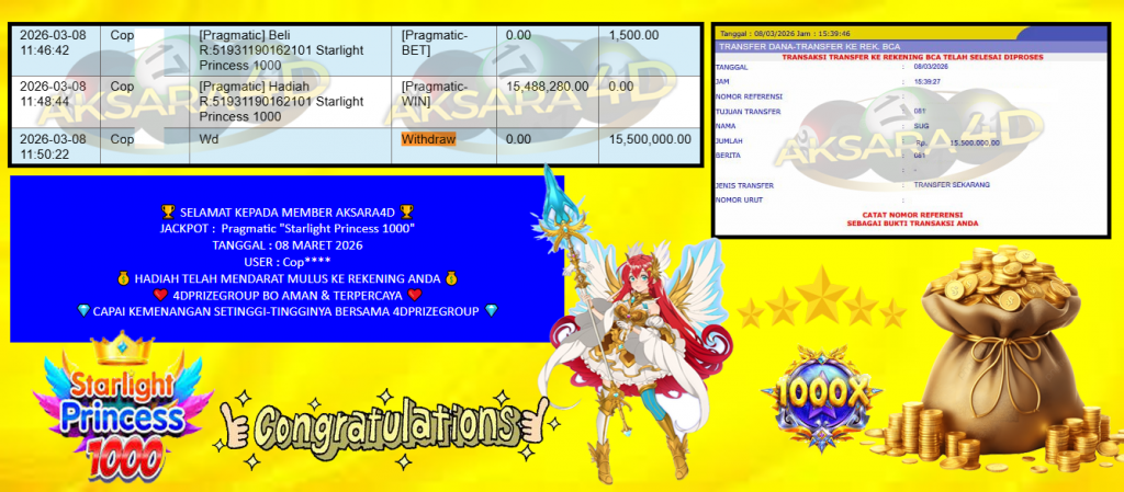 AKSARA4D JACKPOT PRAGMATIC “Starlight Princess 1000″‎‏‏‎‎ Rp15.500.000,- LUNAS