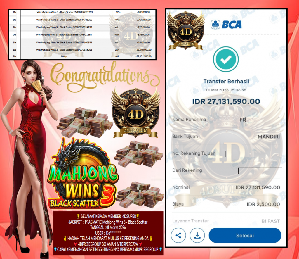 4DSUPER JACKPOT PRAGMATIC ” Mahjong Wins 3 – Black Scatter” Rp 27.131.590,- LUNAS