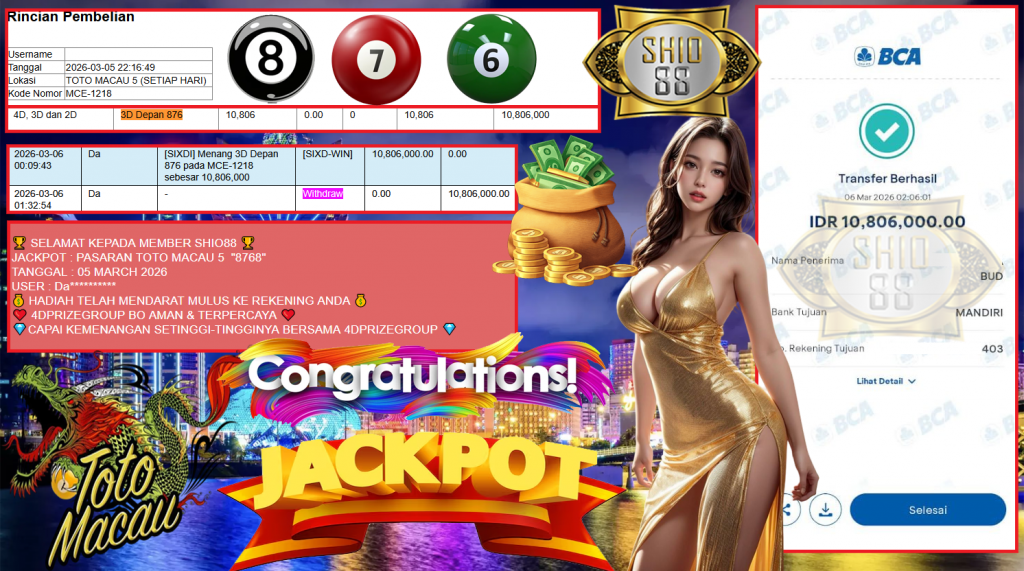 SHIO88 JACKPOT PASARAN PASARAN TOTO MACAU 5 “8768” Rp10.806.000,- LUNAS