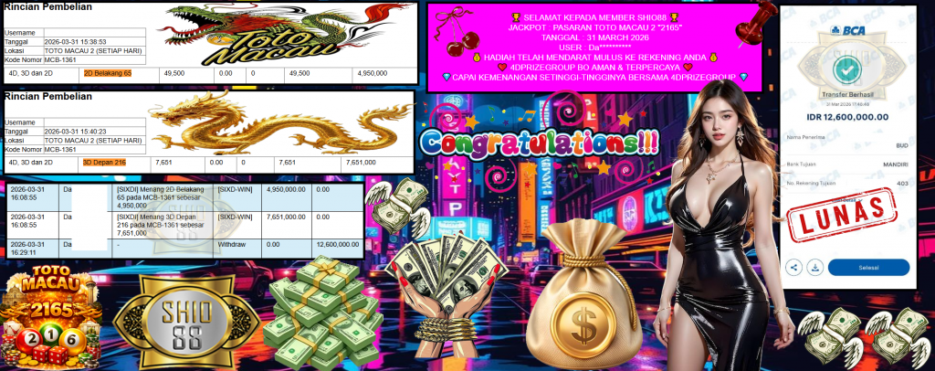 SHIO88 JACKPOT PASARAN TOTO MACAU 2 “2165” Rp12.600.000,- LUNAS