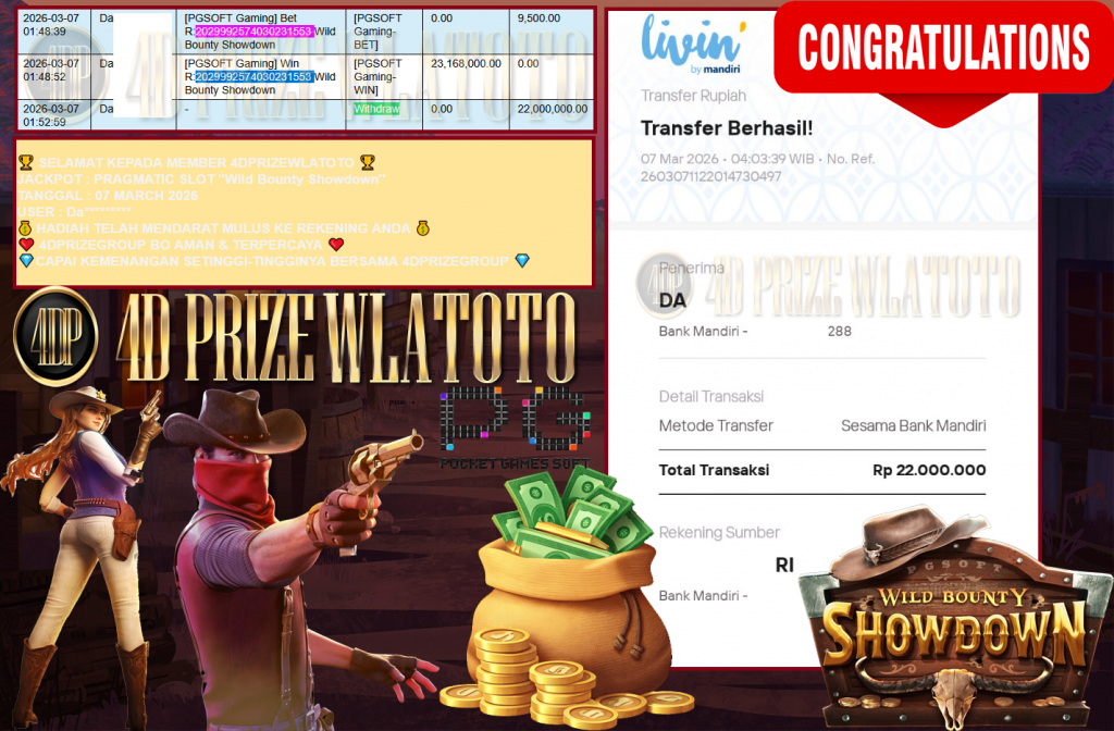 4DPRIZEWLATOTO JACKPOT PRAGMATIC SLOT ”Wild Bounty Showdown” Rp22,000.000,- LUNAS