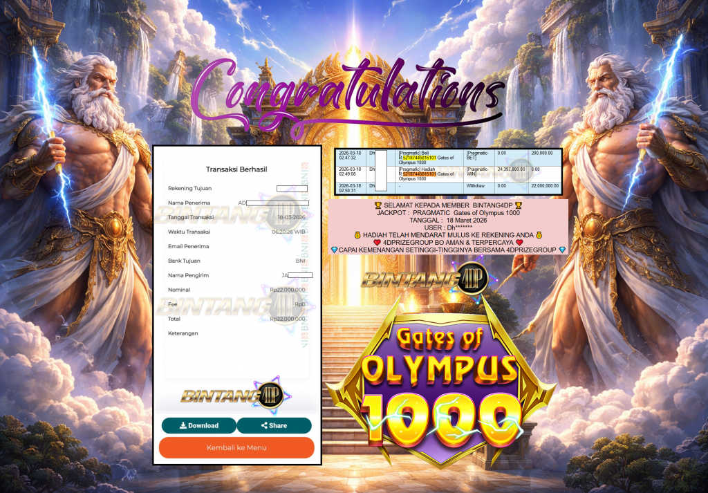 BINTANG4DP JACKPOT PRAGMATIC ” Gates of Olympus 1000 ” Rp 22,000,000.00,- LUNAS