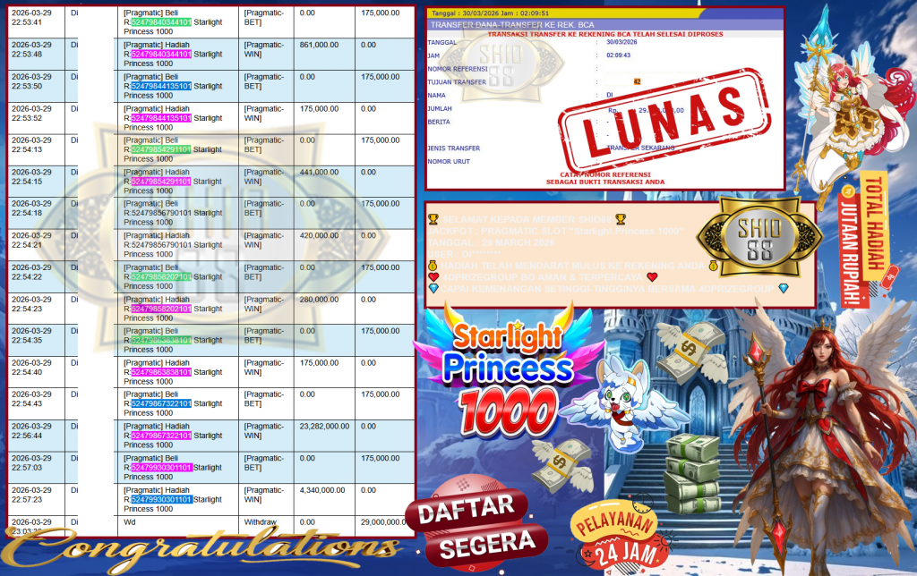 SHIO88 JACKPOT PRAGMATIC SLOT “Starlight Princess 1000” Rp29.000.000,- LUNAS