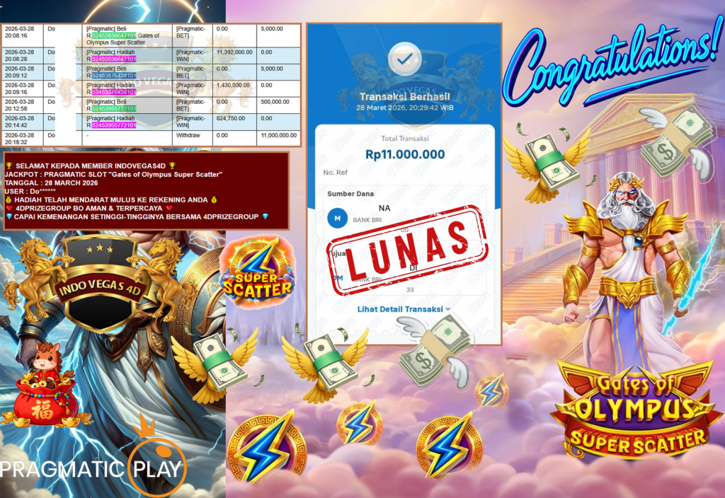 INDOVEGAS4D JACKPOT PRAGMATIC SLOT “Gates of Olympus Super Scatter” Rp11.000.000,- LUNAS