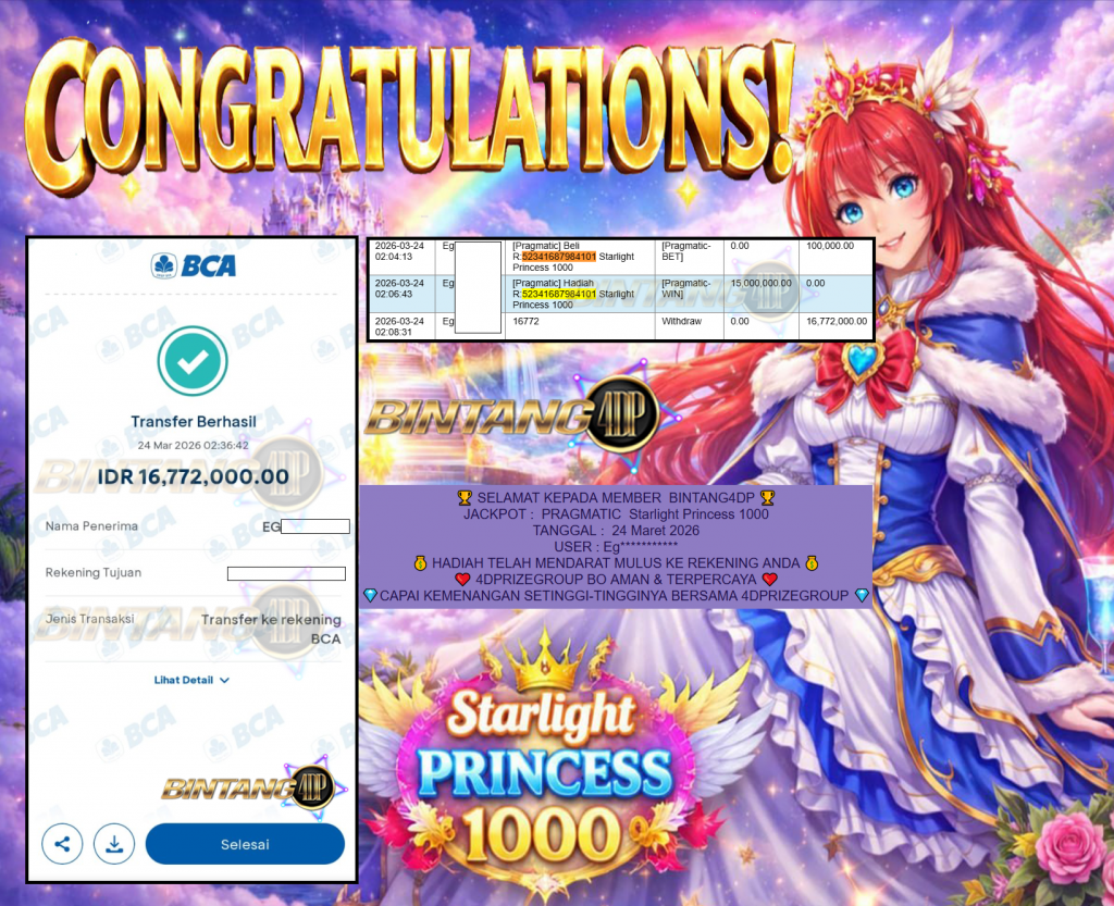BINTANG4DP JACKPOT PRAGMATIC ” Starlight Princess 1000 ” Rp 16,772,000.,- LUNAS