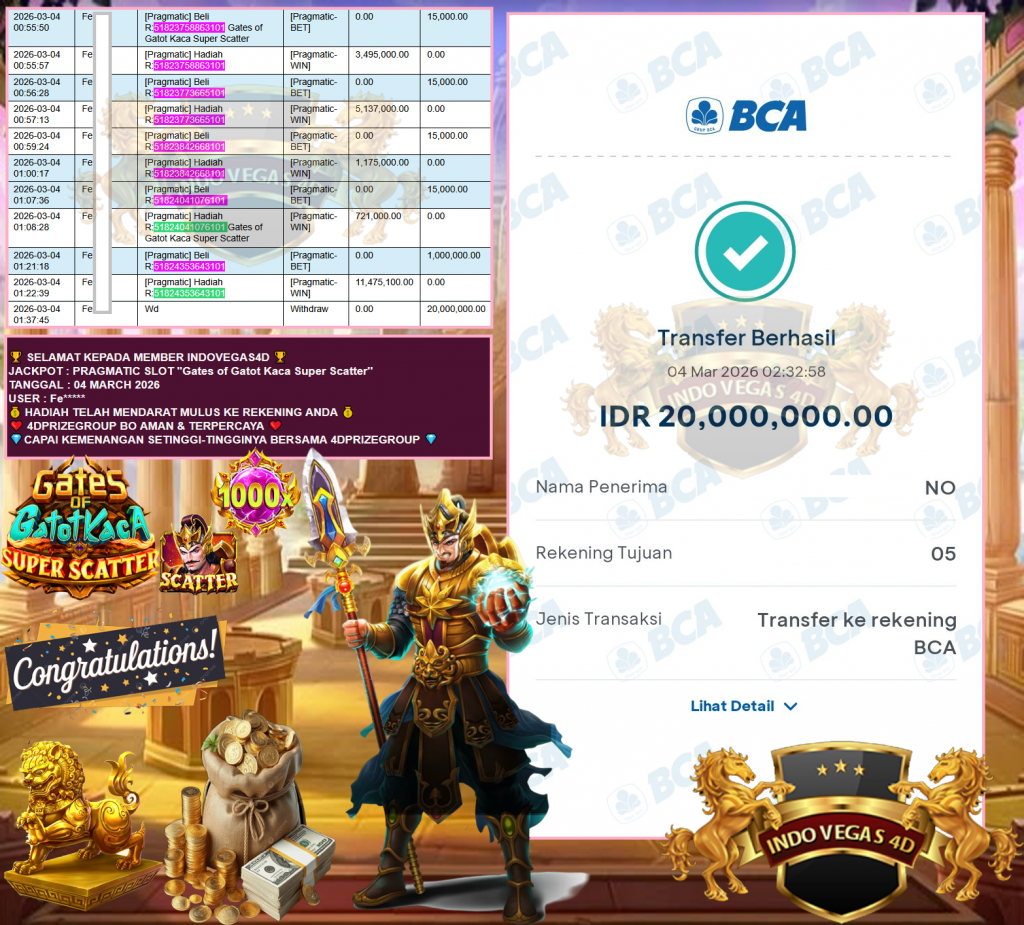INDOVEGAS4D JACKPOT PRAGMATIC SLOT ”Gates of Gatot Kaca Super Scatter” Rp20,00.000,- LUNAS