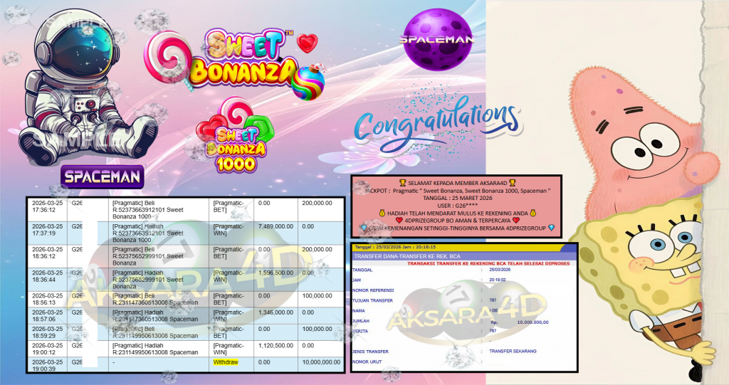 AKSARA4D JACKPOT PRAGMATIC “Sweet Bonanza, Sweet Bonanza 1000, Spaceman”‎‏‏‎‎ Rp10.000.000,- LUNAS