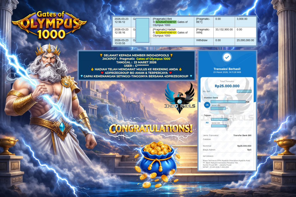 INDO4DPOOLS JACKPOT PRAGMATIC ” Gates of Olympus 1000 ” Rp 25.000.000,- LUNAS