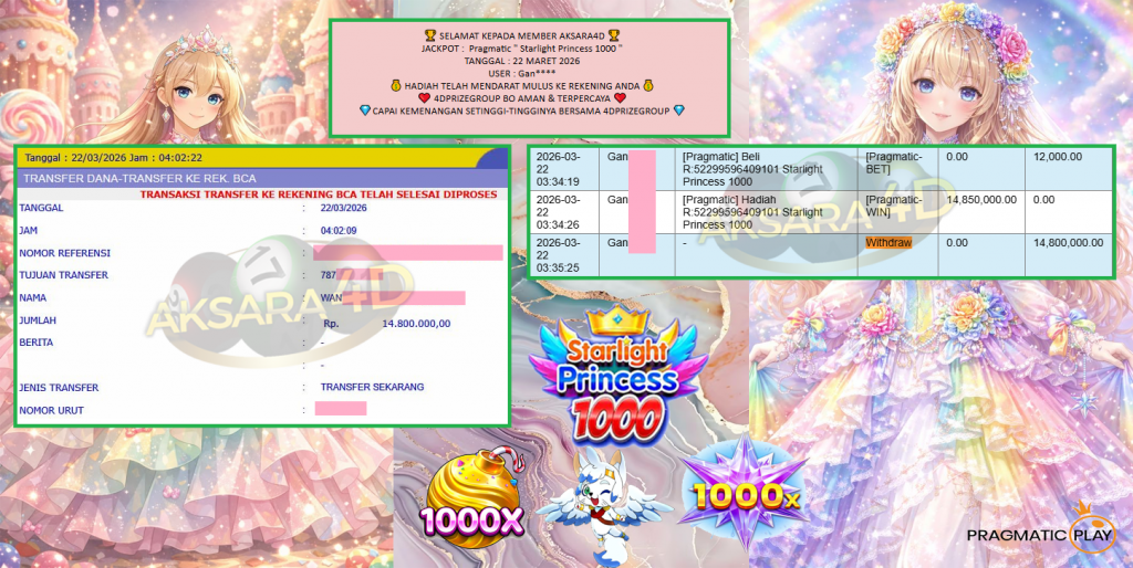 AKSARA4D JACKPOT PRAGMATIC “Starlight Princess 1000″ Rp14.800.000,- LUNAS