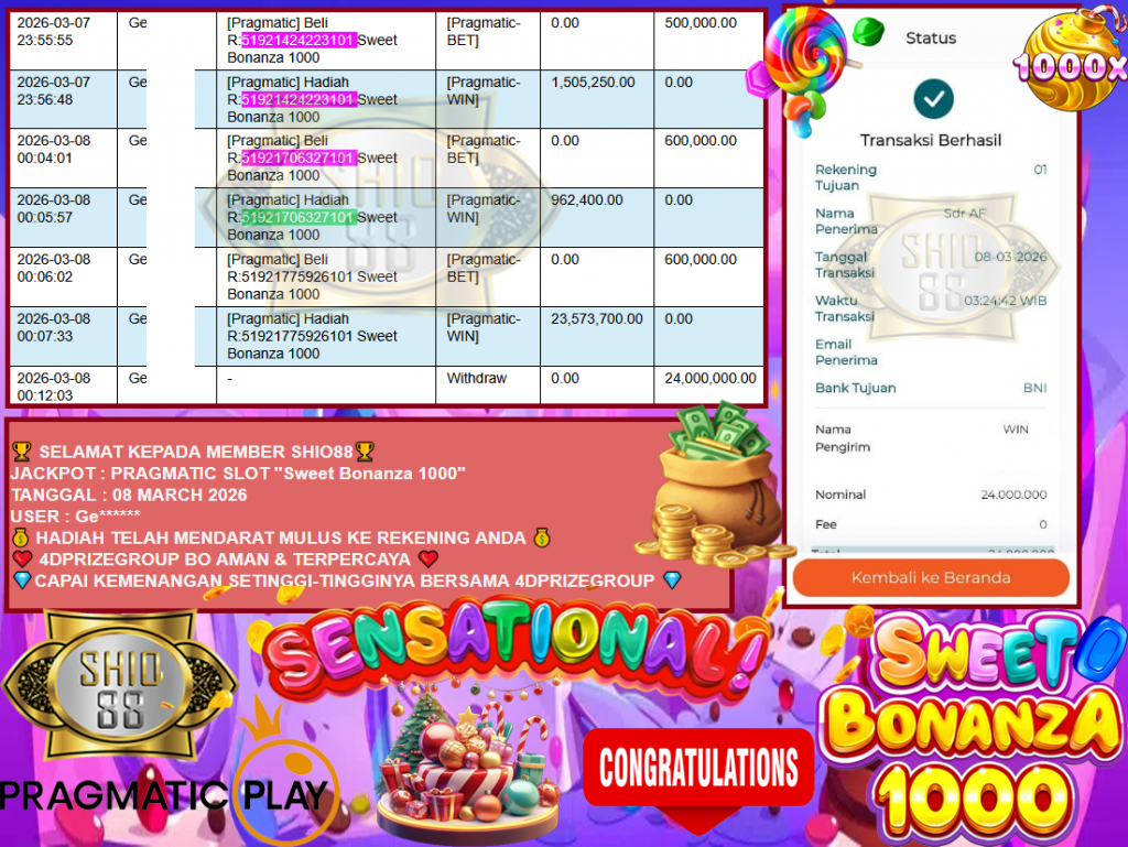 SHIO88 JACKPOT PRAGMATIC SLOT ”Sweet Bonanza 1000” Rp24,000.000,- LUNAS