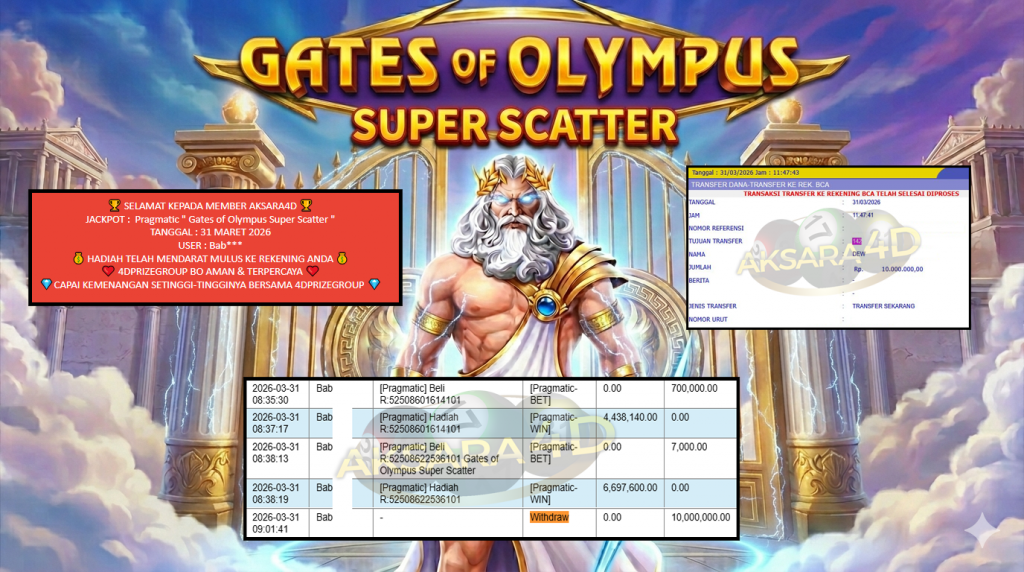 AKSARA4D JACKPOT PRAGMATIC “Gates of Olympus Super Scatter”‎‏‏‎‎ Rp10.000.000,- LUNAS