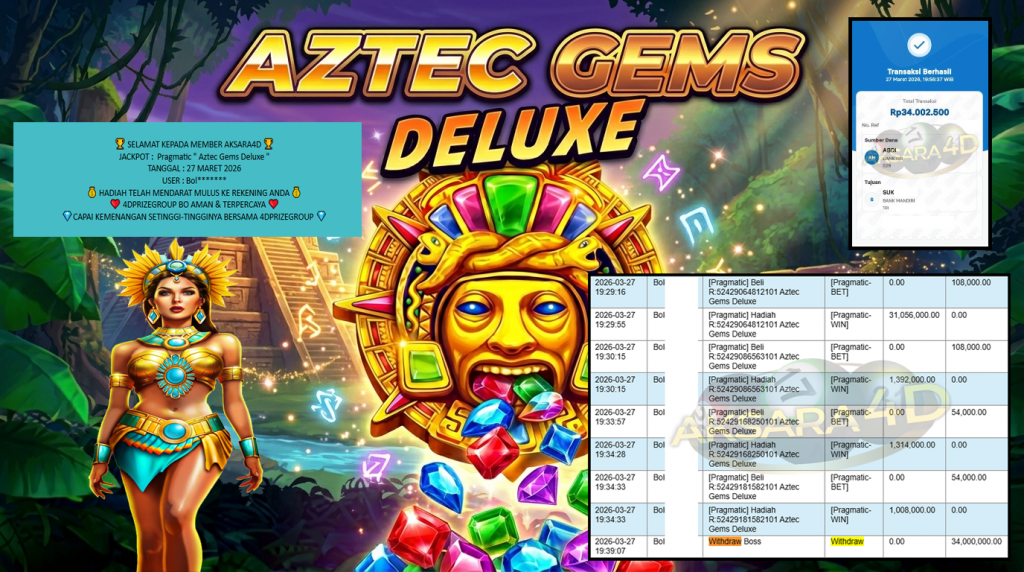 AKSARA4D JACKPOT PRAGMATIC ” Aztec Gems Deluxe”‎‏‏‎‎ Rp34.000.000,- LUNAS