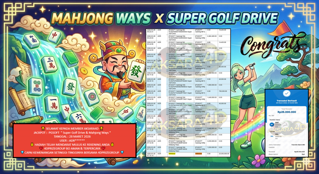 AKSARA4D JACKPOT PGSOFT ” Super Golf Drive & Mahjong Ways ” ‎‎‏‏‎‎‏‏Rp25.000.000,- LUNAS
