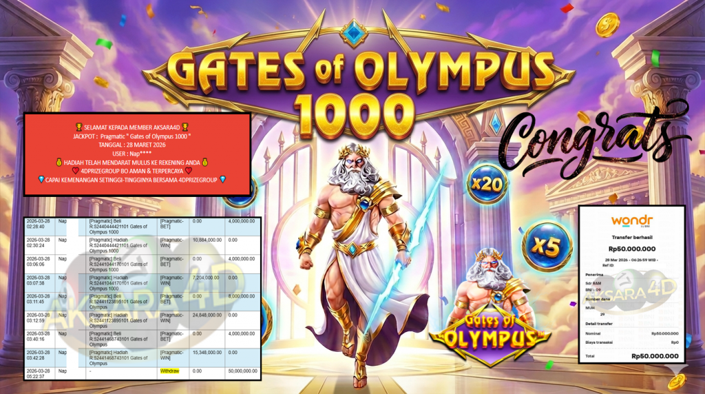AKSARA4D JACKPOT PRAGMATIC “Gates of Olympus 1000 & Gates of Olympus”‎‏‏‎‎ Rp50.000.000,- LUNAS