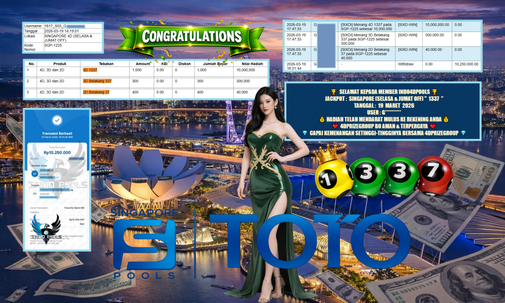 INDO4DPOOLS JACKPOT PASARAN SINGAPORE (SELASA & JUMAT OFF) ” 1337 ” Rp 10.250.000,- LUNAS