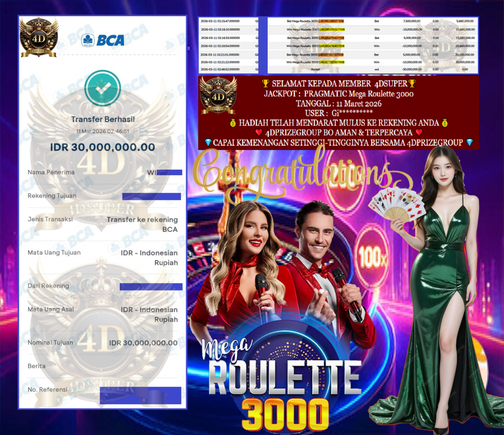 4DSUPER JACKPOT PRAGMATIC ” Mega Roulette 3000 ” Rp 30,000,000,- LUNAS