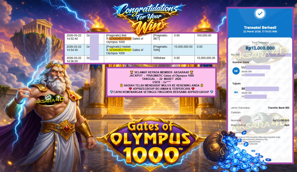 AKSARA4D JACKPOT PRAGMATIC “Gates of Olympus 1000″‎‏‏‎‎ Rp13.000.000,- LUNAS
