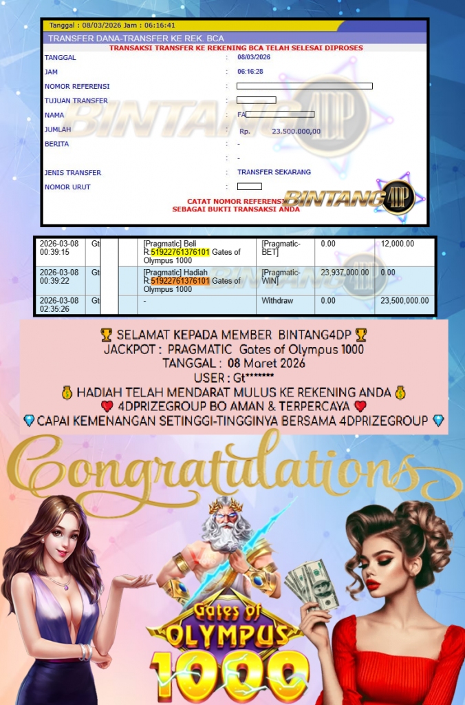 BINTANG4DP JACKPOT PRAGMATIC ” Gates of Olympus 1000 ” Rp 23,500,000,- LUNAS