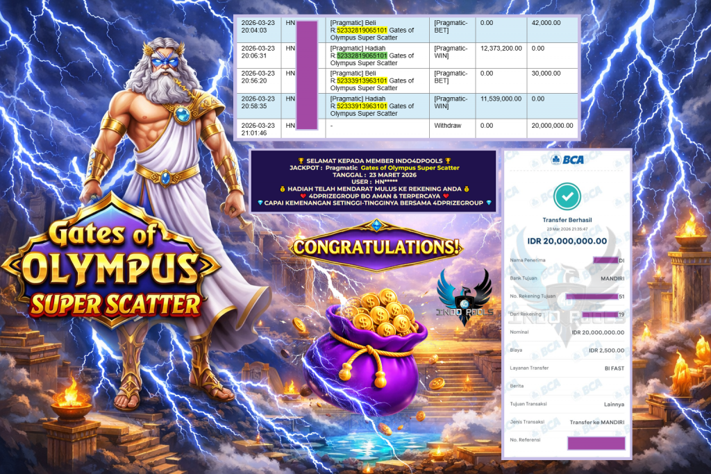 INDO4DPOOLS JACKPOT PRAGMATIC ” Gates of Olympus Super Scatter ” Rp 20.000.000,- LUNAS