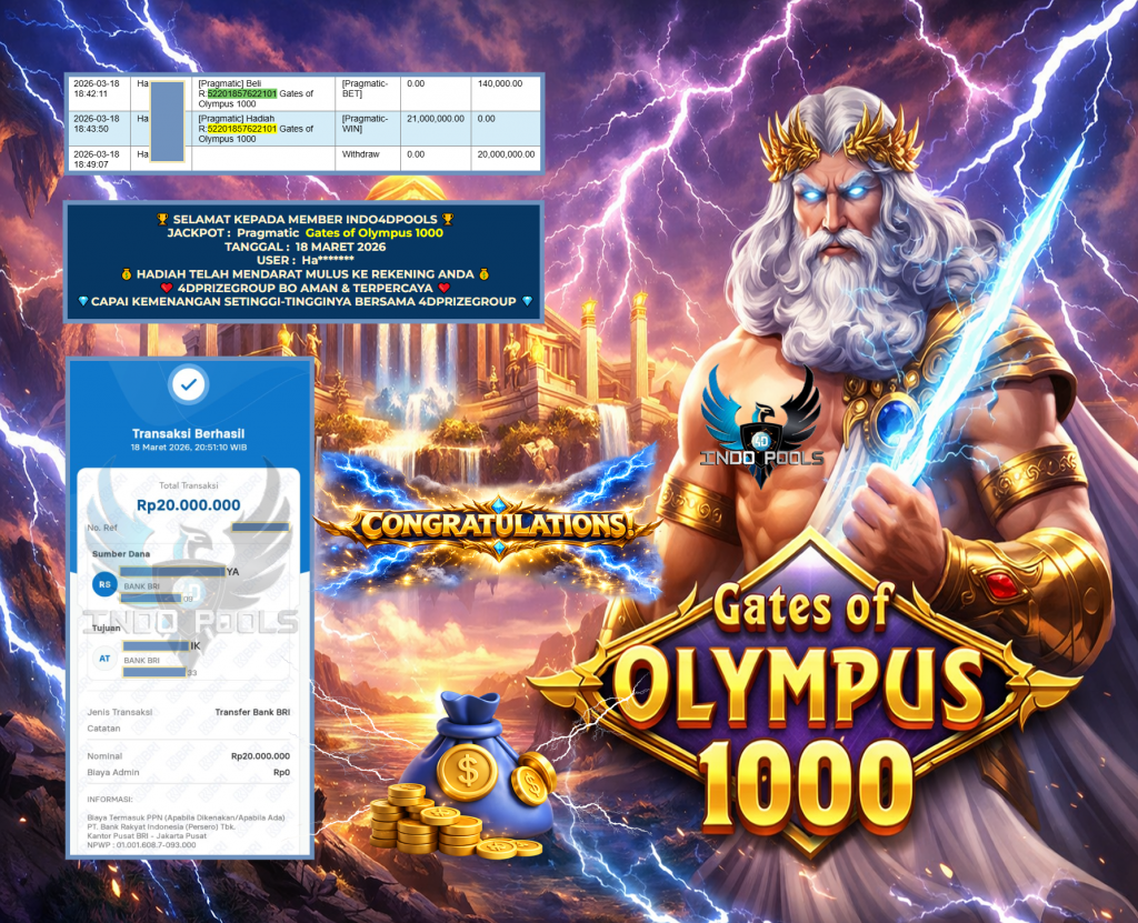 INDO4DPOOLS JACKPOT PRAGMATIC ” Gates of Olympus 1000 ” Rp 20.000.000,- LUNAS