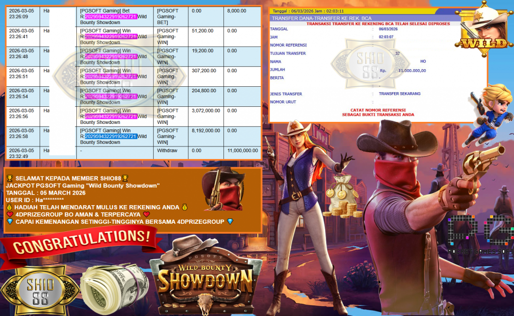 SHIO88 JACKPOT PGSOFT Gaming ”Wild Bounty Showdown” Rp11,000,000,- LUNAS