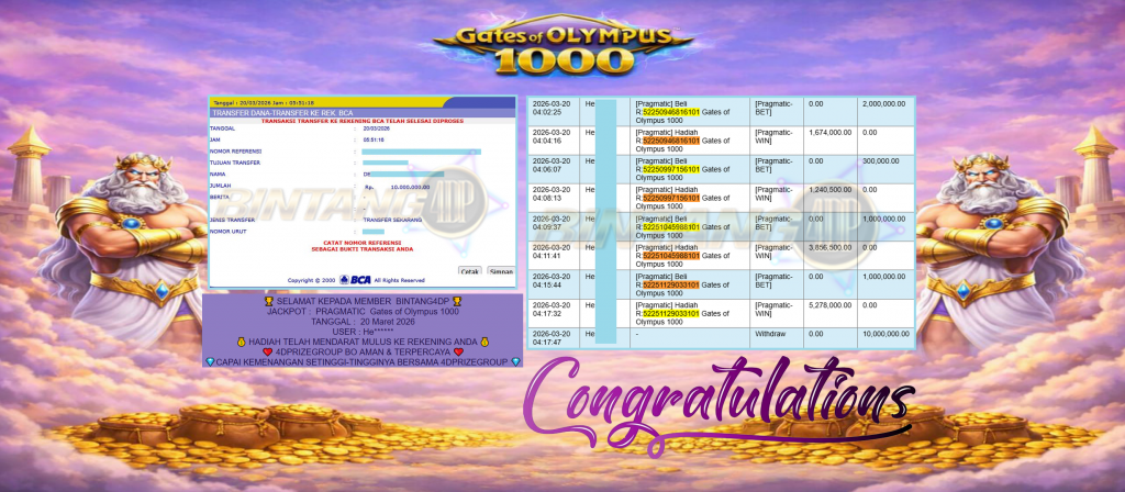 BINTANG4DP JACKPOT PRAGMATIC ” Gates of Olympus 1000 ” Rp 10,000,000,- LUNAS