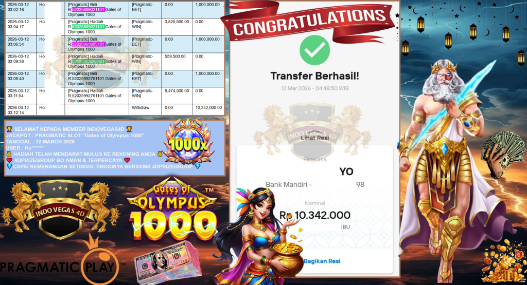 INDOVEGAS4D JACKPOT PRAGMATIC SLOT ”Gates of Olympus 1000” Rp10,342.000,- LUNAS