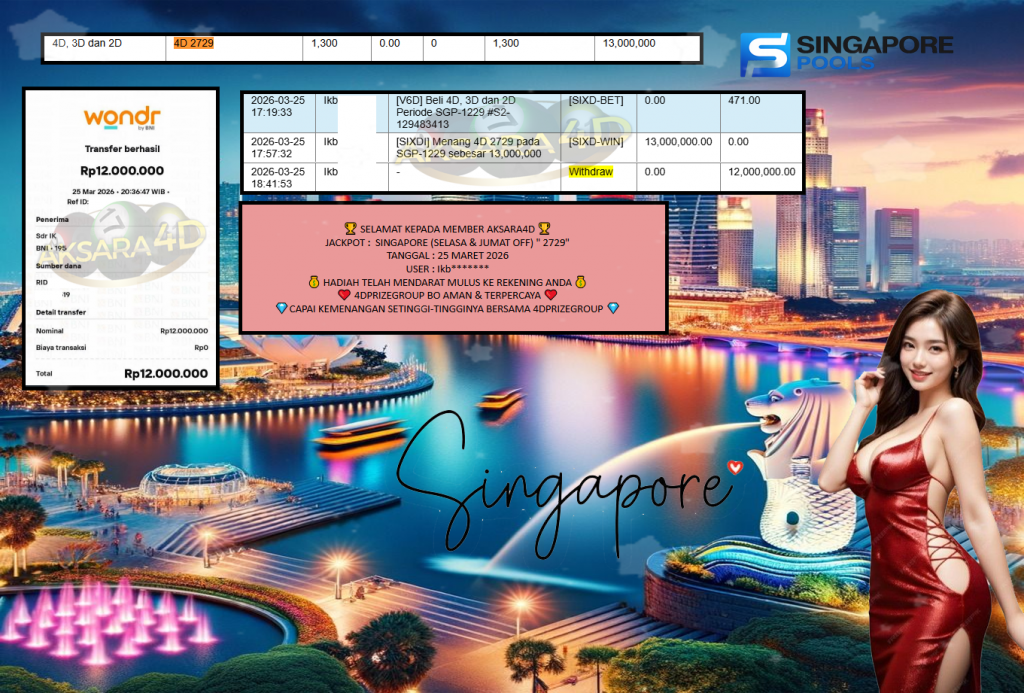 AKSARA4D JACKPOT SINGAPORE (SELASA & JUMAT OFF) ” 2729″ Rp12.000.000,- LUNAS