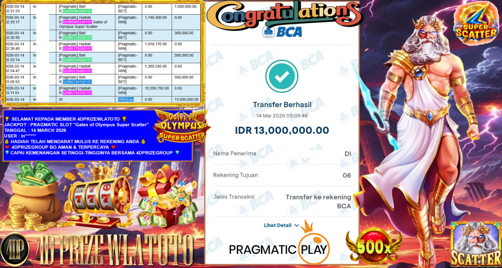 4DPRIZEWLATOTO JACKPOT PRAGMATIC SLOT ”Gates of Olympus Super Scatter” Rp13,000.000,- LUNAS