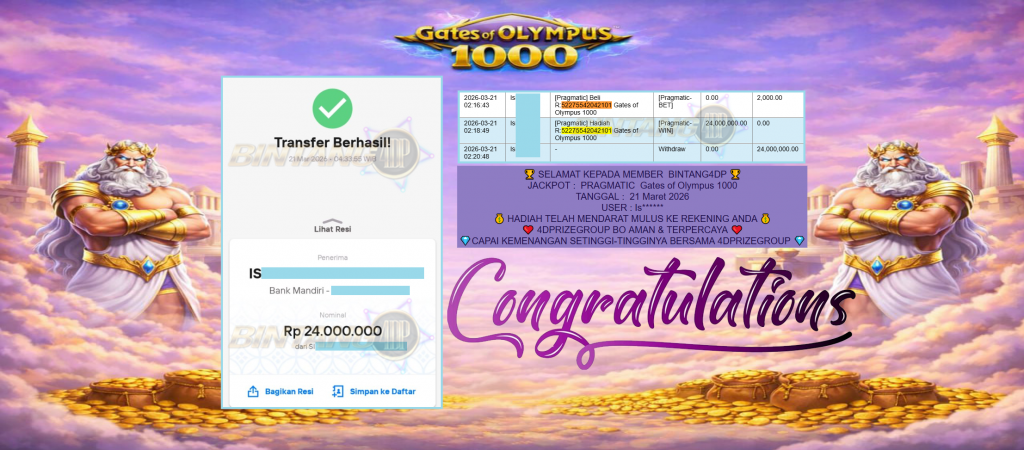 BINTANG4DP JACKPOT PRAGMATIC ” Gates of Olympus 1000 ” Rp 24,000,000,- LUNAS