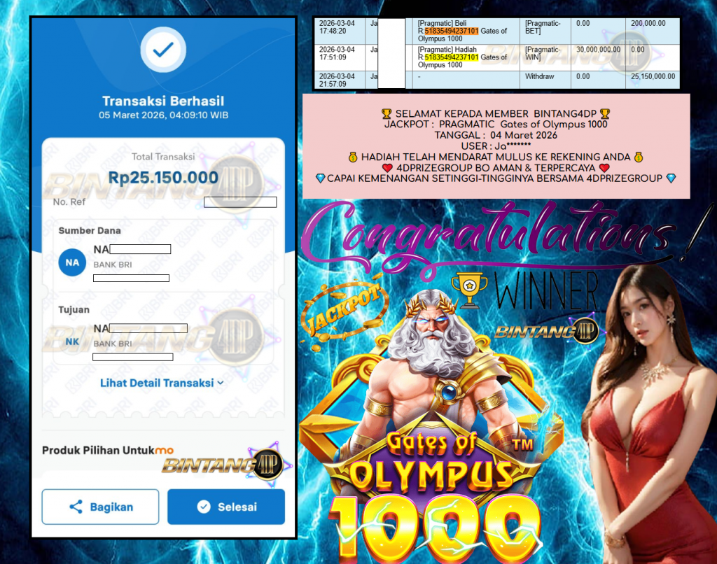 BINTANG4DP JACKPOT PRAGMATIC ” Gates of Olympus 1000 ” Rp 25,150,000,- LUNAS