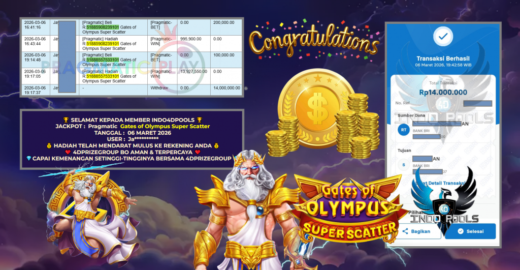 INDO4DPOOLS JACKPOT PRAGMATIC ” Gates of Olympus Super Scatter ” Rp 14.000.000 ,- LUNAS